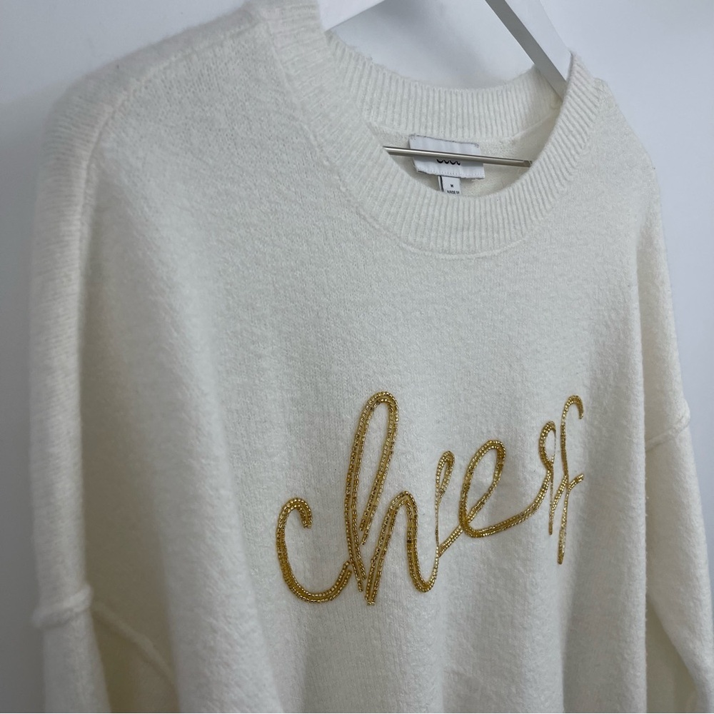 CeCe Cheers Beaded Script Sweater Cream Oversized Cozy Knit Size M - Picture 4 of 8